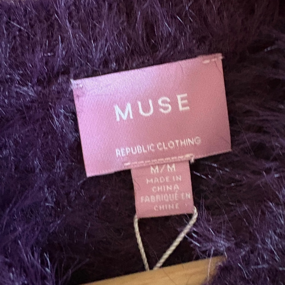 NWT Muse Plum Fuzzy Crewneck Sweater with Rhinestone Accents - Picture 3 of 8